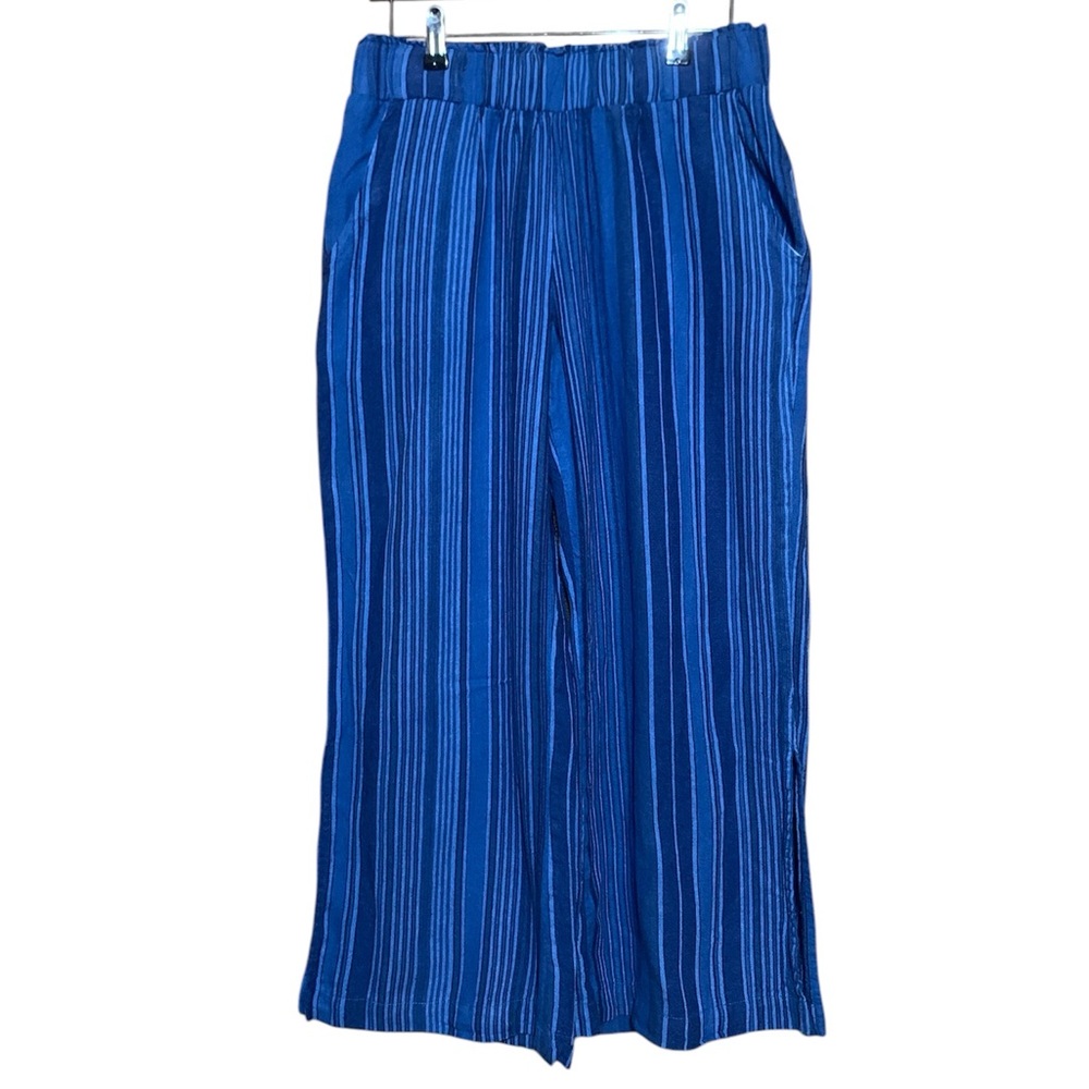 Indigo Rein Blue Striped Pull On Elastic Pants Size L Linen Blend